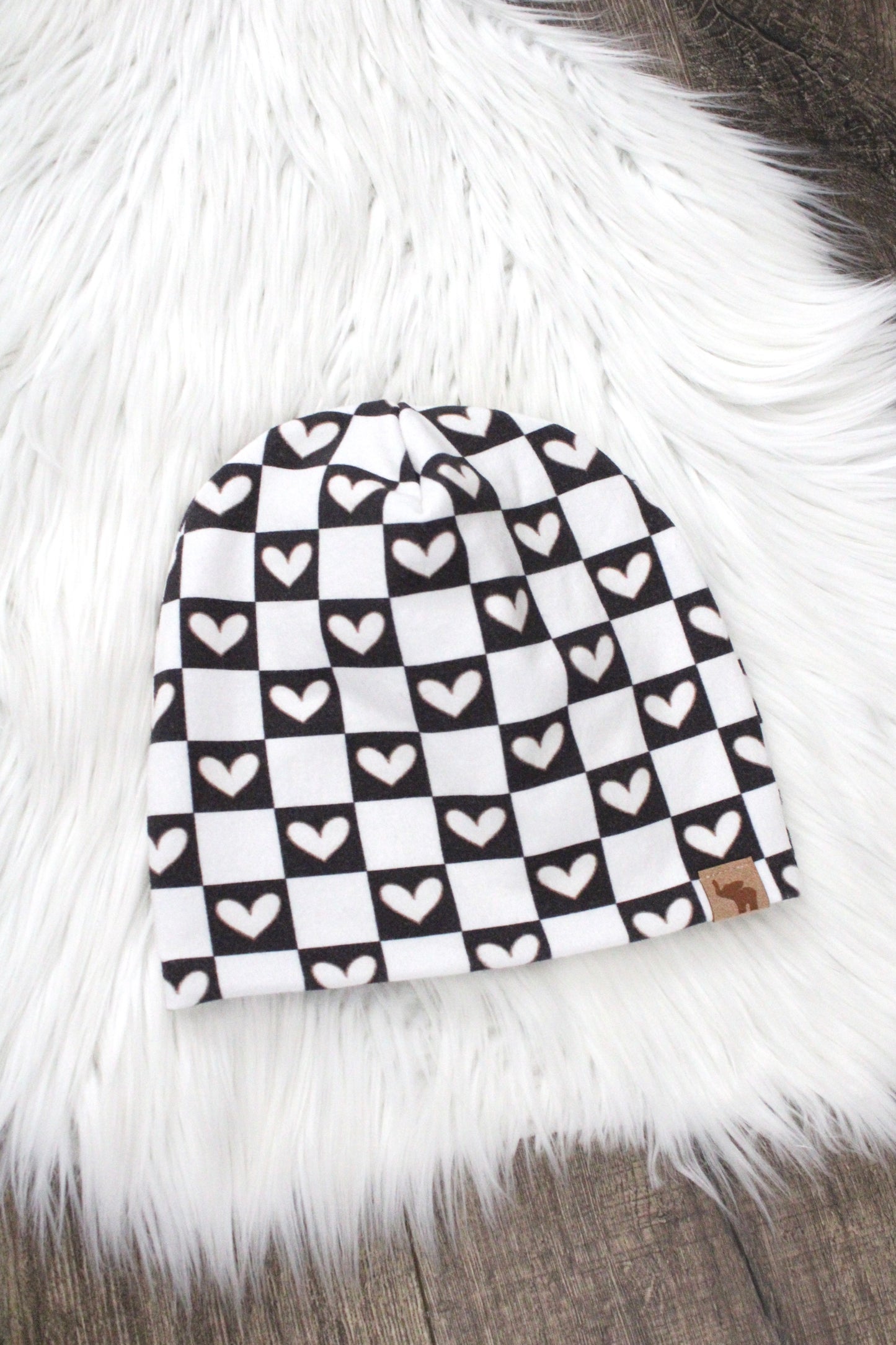 Checkered Heart Pom Beanie
