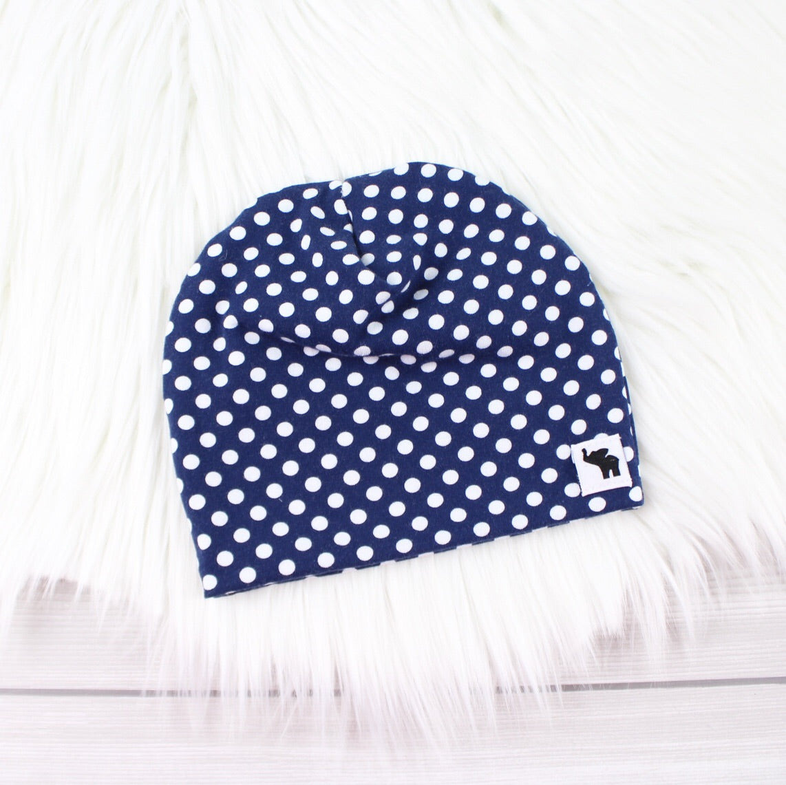 Navy Blue Polka Dot Pom Beanie