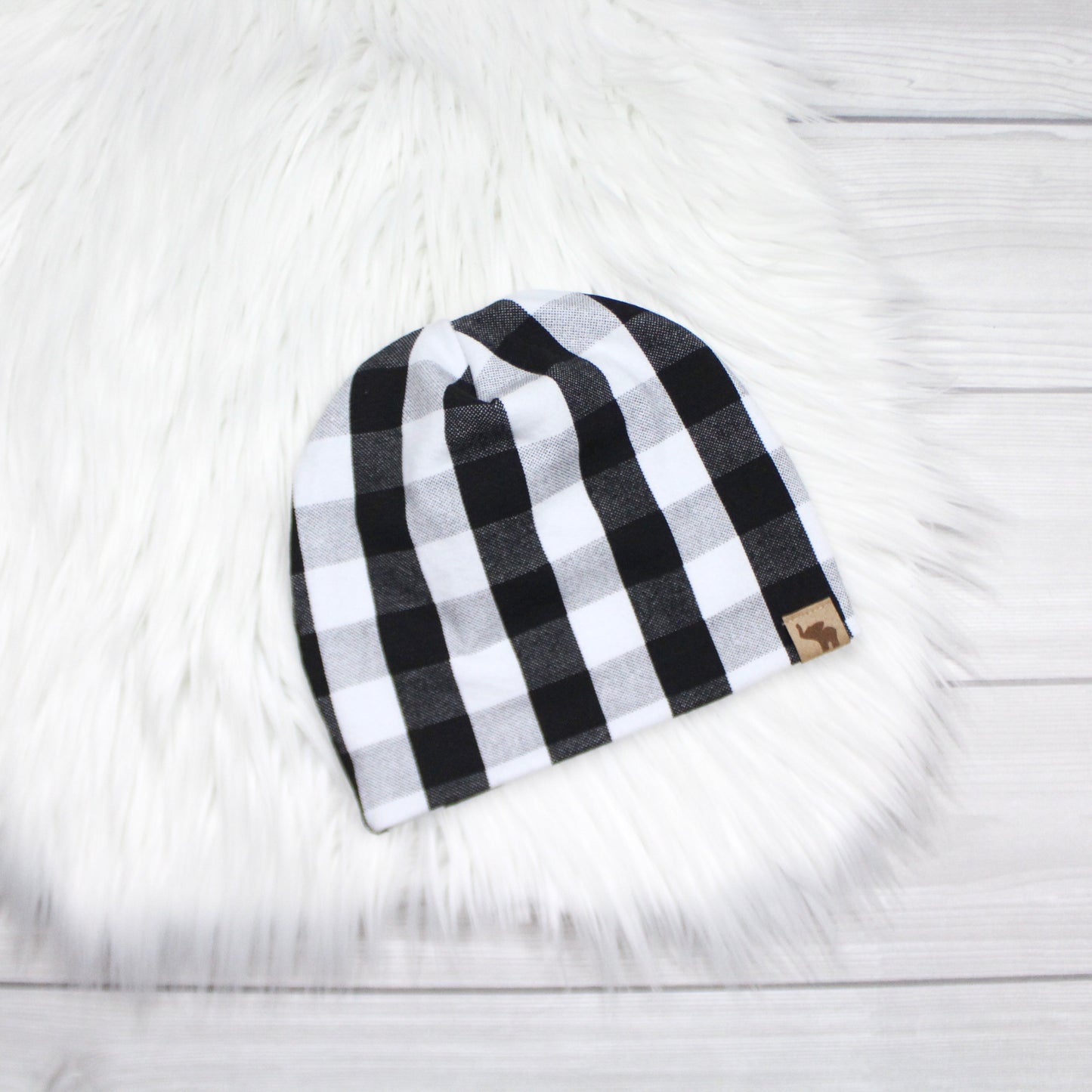 White and Black Buffalo Plaid Pom Beanie