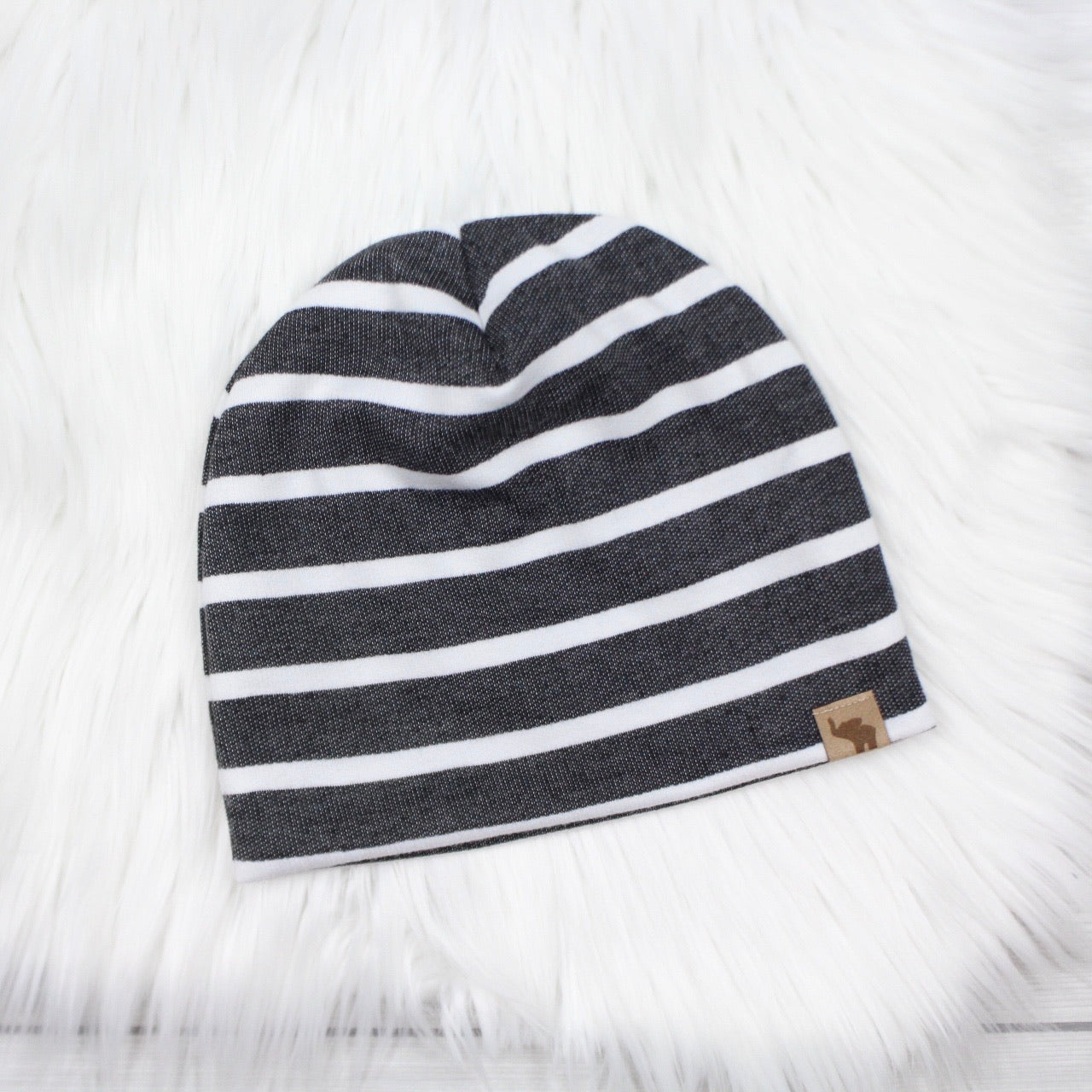 Black Denim Stripe Pom Beanie