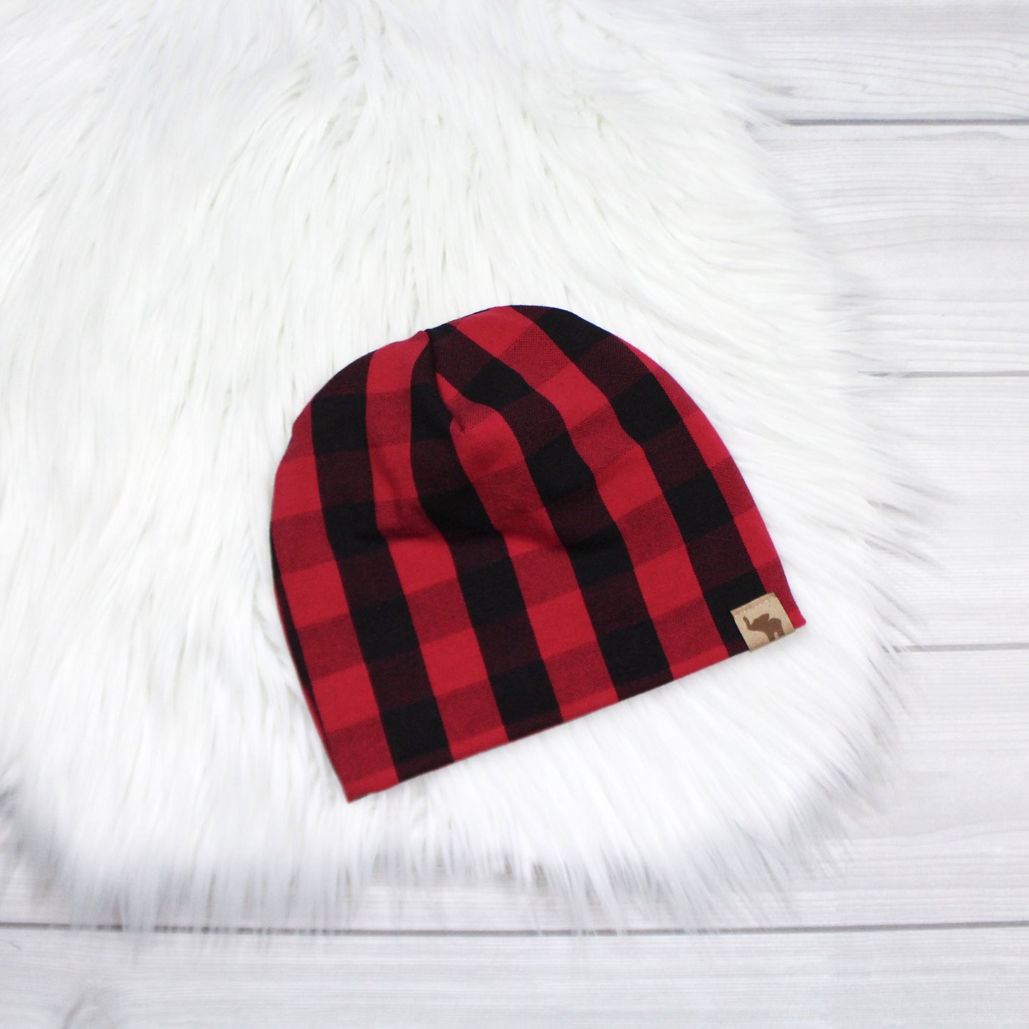 Red and Black Buffalo Plaid Pom Beanie
