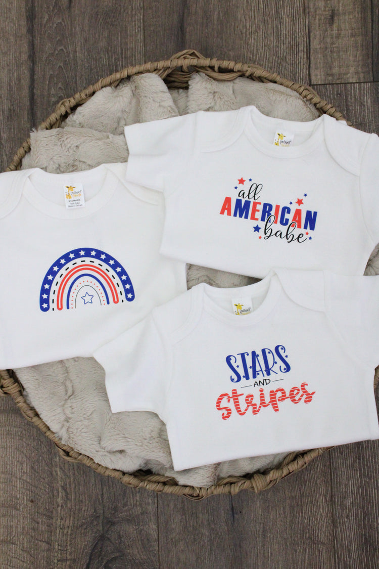 Cute Red white and blue, USA patriotic onsies for babies and toddlers