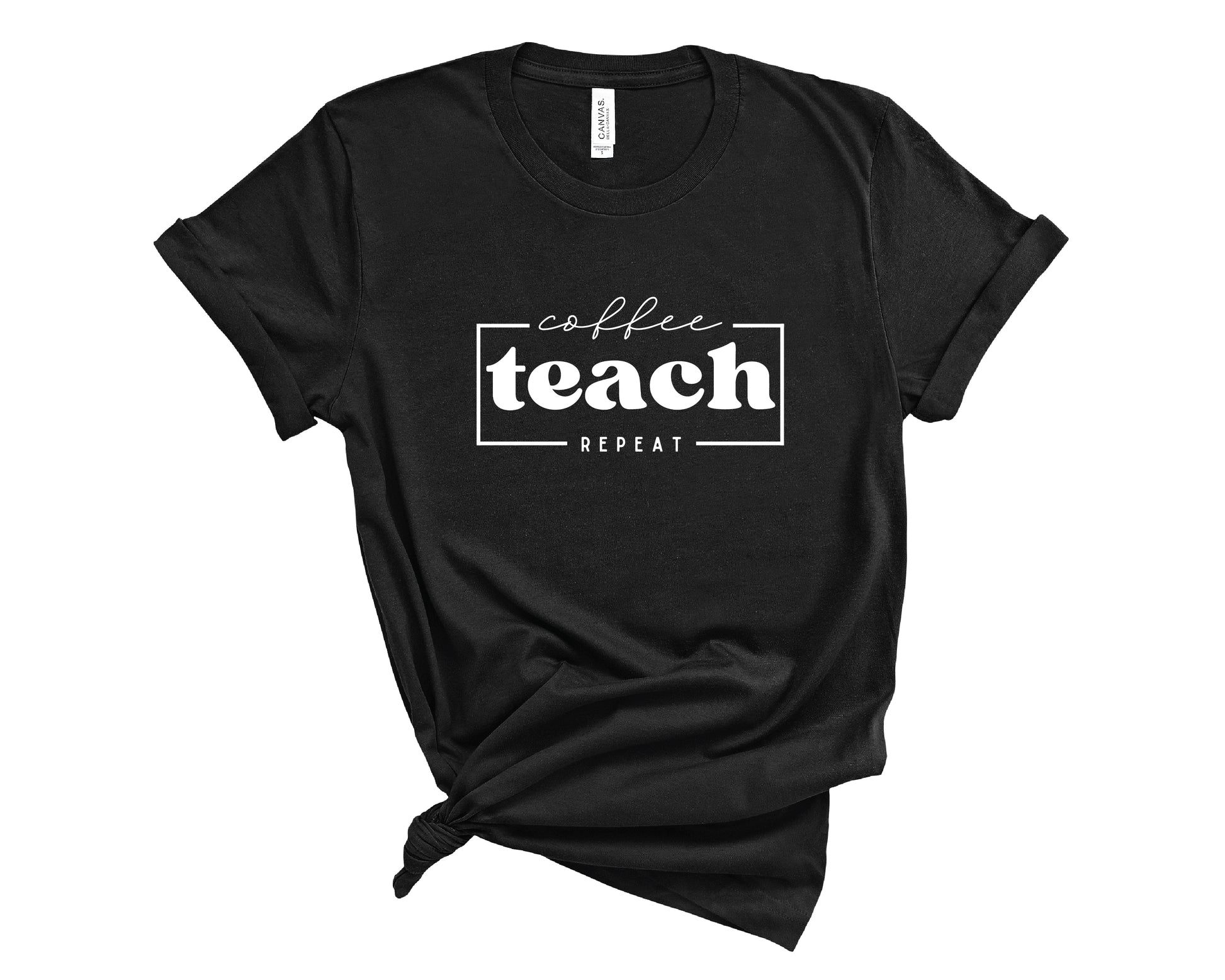 Black t-shirt with the words "coffee teach repeat" in white writing