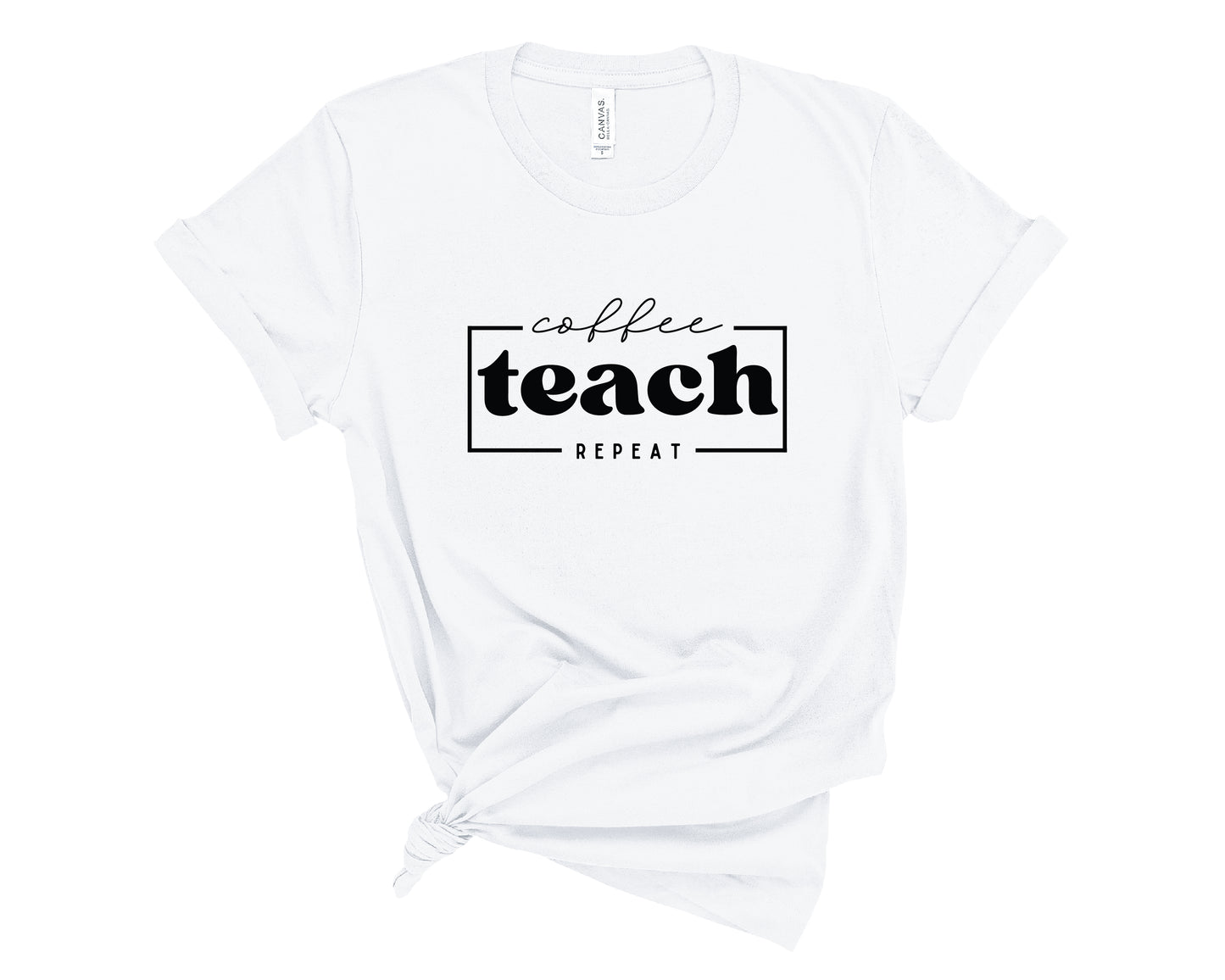 A white short-sleeve t-shirt with a black graphic print reading 'coffee teach REPEAT' on the front, styled with a knot at the bottom hem against a plain white background.