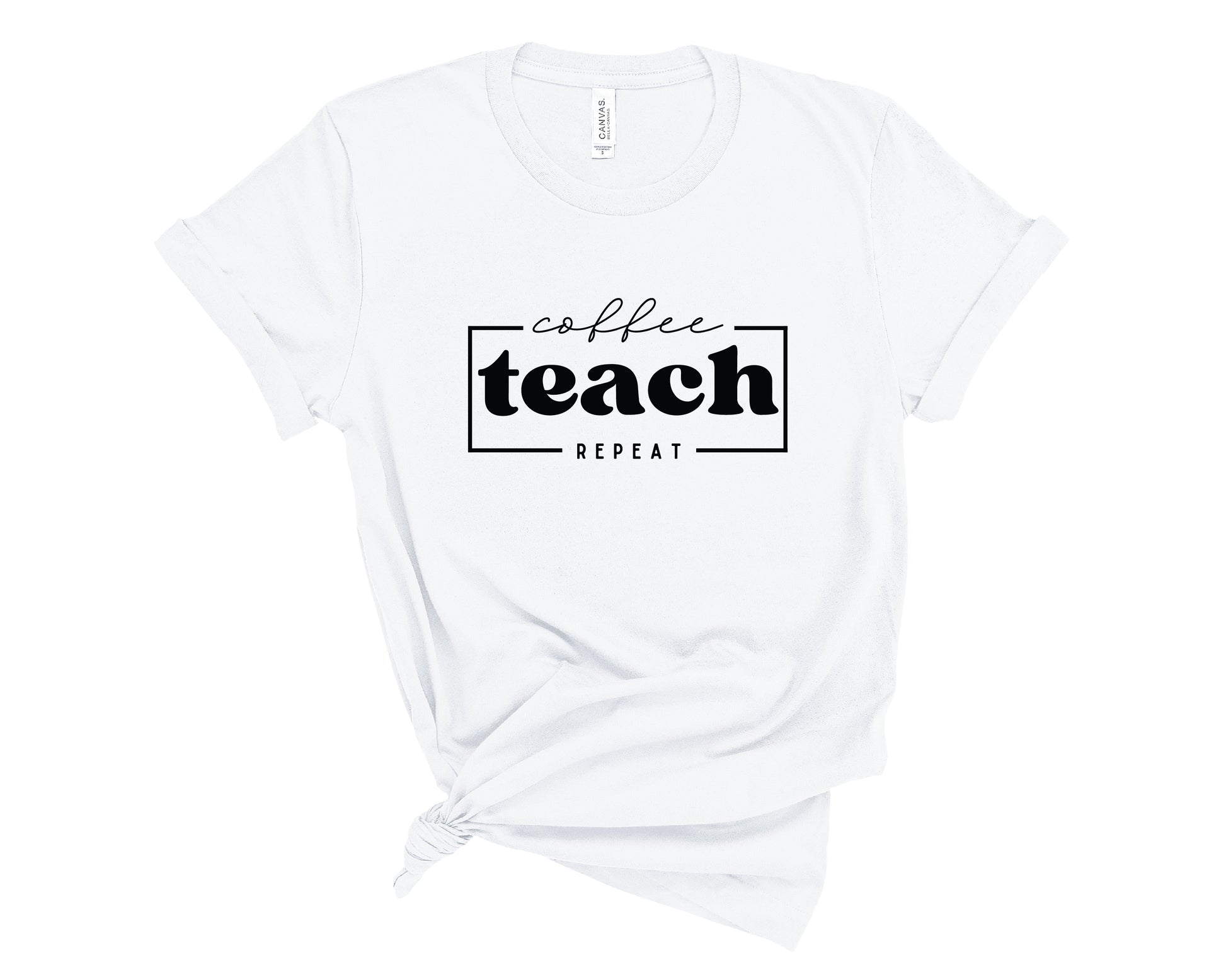 A white short-sleeve t-shirt with a black graphic print reading 'coffee teach REPEAT' on the front, styled with a knot at the bottom hem against a plain white background.