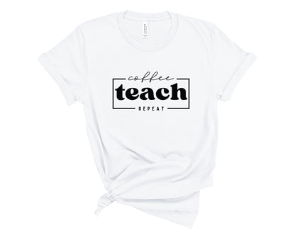 A white short-sleeve t-shirt with a black graphic print reading 'coffee teach REPEAT' on the front, styled with a knot at the bottom hem against a plain white background.