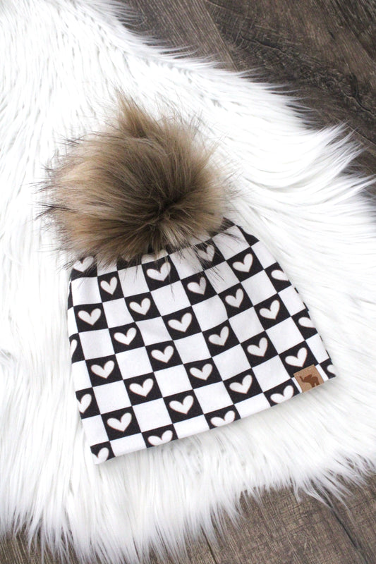 Checkered Heart Pom Beanie