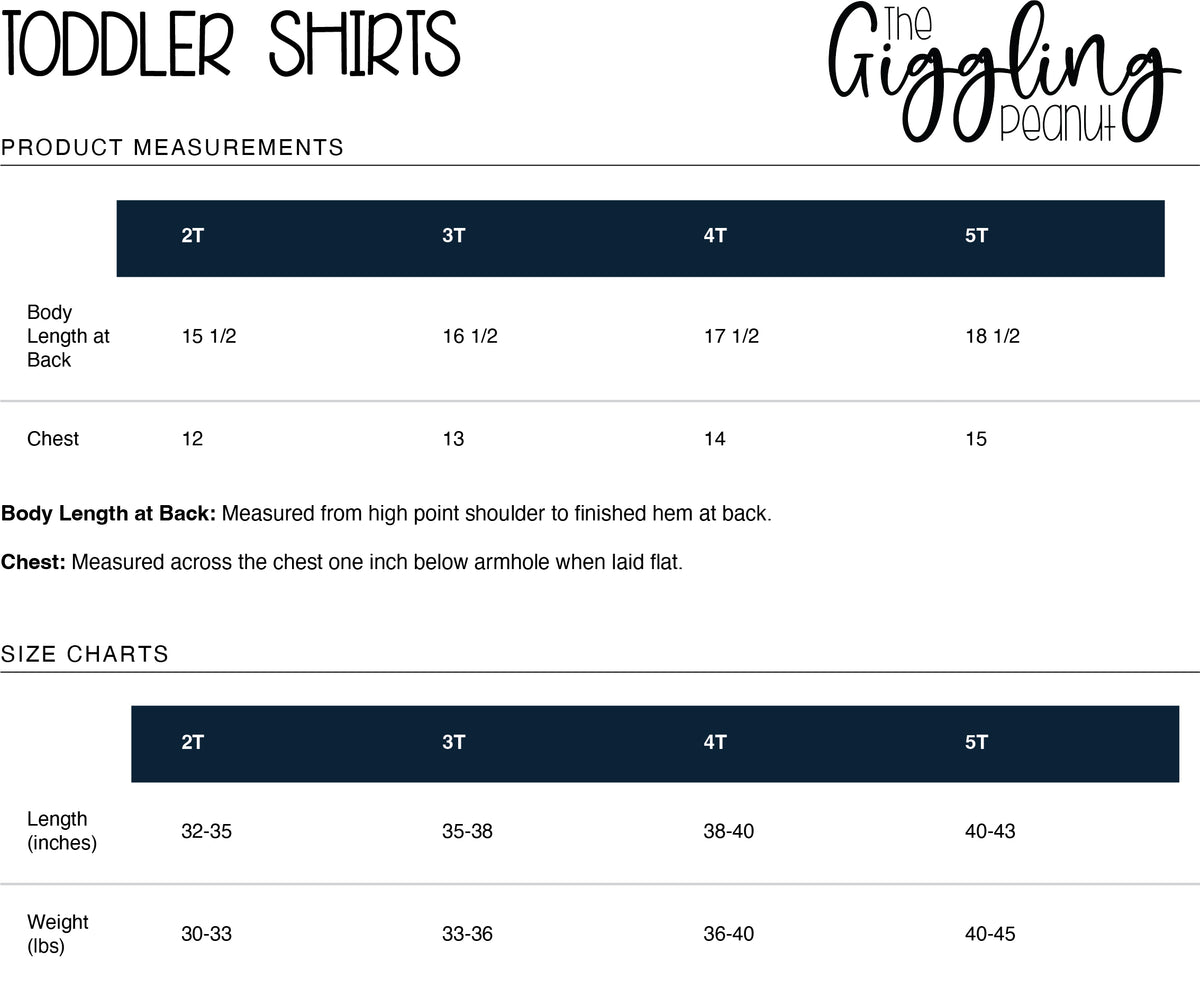 A sizing chart for toddler shirts from The Giggling Peanut, showing product measurements (body length at back and chest) and weight by size (2T, 3T, 4T, 5T) in a clean table format.