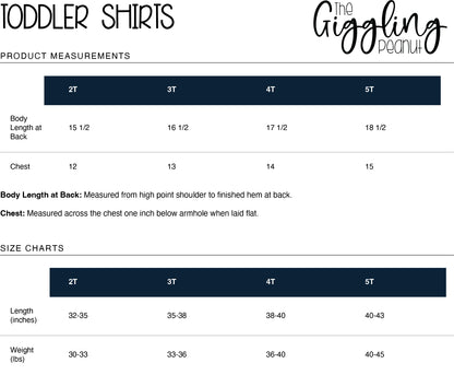 A sizing chart for toddler shirts from The Giggling Peanut, showing product measurements (body length at back and chest) and weight by size (2T, 3T, 4T, 5T) in a clean table format.