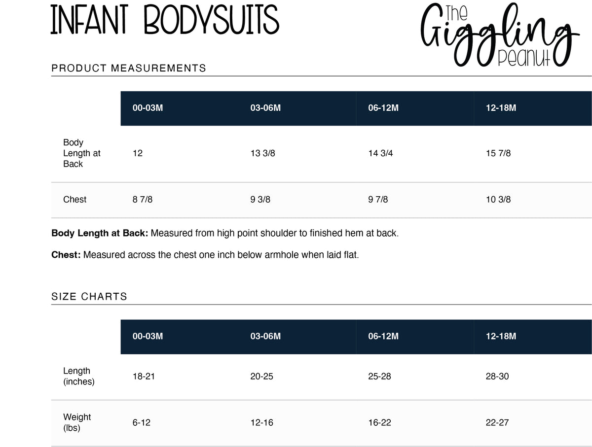 A sizing chart for infant bodysuits from The Giggling Peanut, showing body length and chest measurements in inches and pounds for sizes 0-3M, 0-6M, 6-12M, and 12-18M.