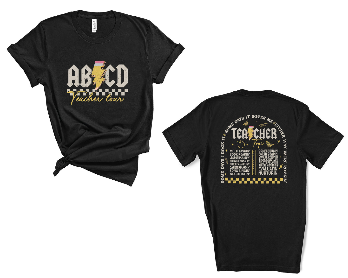 Two black short-sleeve T-shirts shown on a white background, with the front view on the left and back view on the right. The front features a large 'ABCD Teacher Tour' graphic with a lightning bolt and checkered border. On the back lists all the amazing things that teachers do with some doodles and checkered print on the bottom.