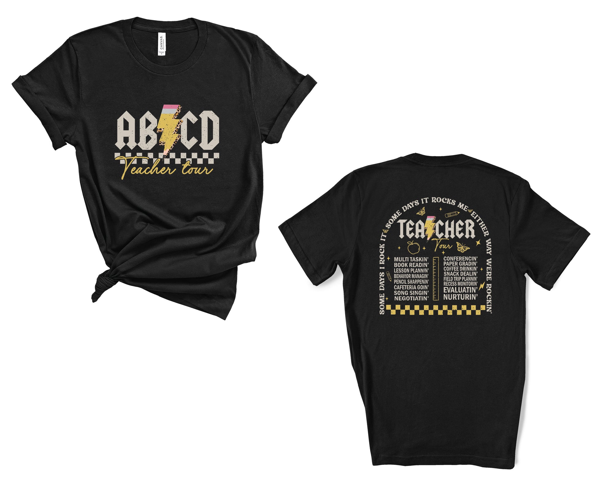 Two black short-sleeve T-shirts shown on a white background, with the front view on the left and back view on the right. The front features a large 'ABCD Teacher Tour' graphic with a lightning bolt and checkered border. On the back lists all the amazing things that teachers do with some doodles and checkered print on the bottom.