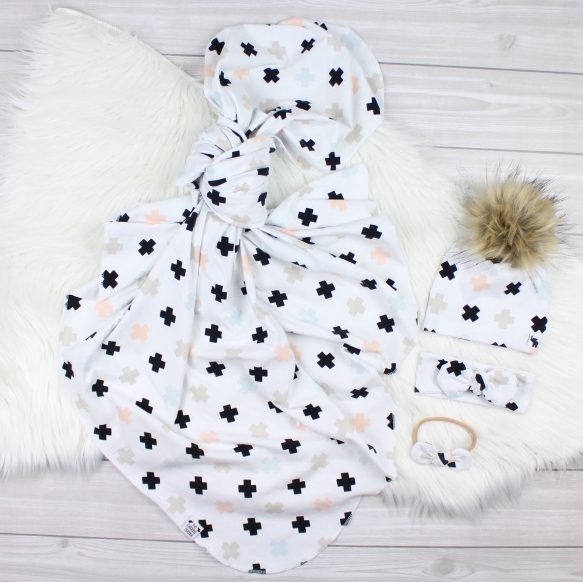 Pink/Blue Crosses Swaddle Blanket