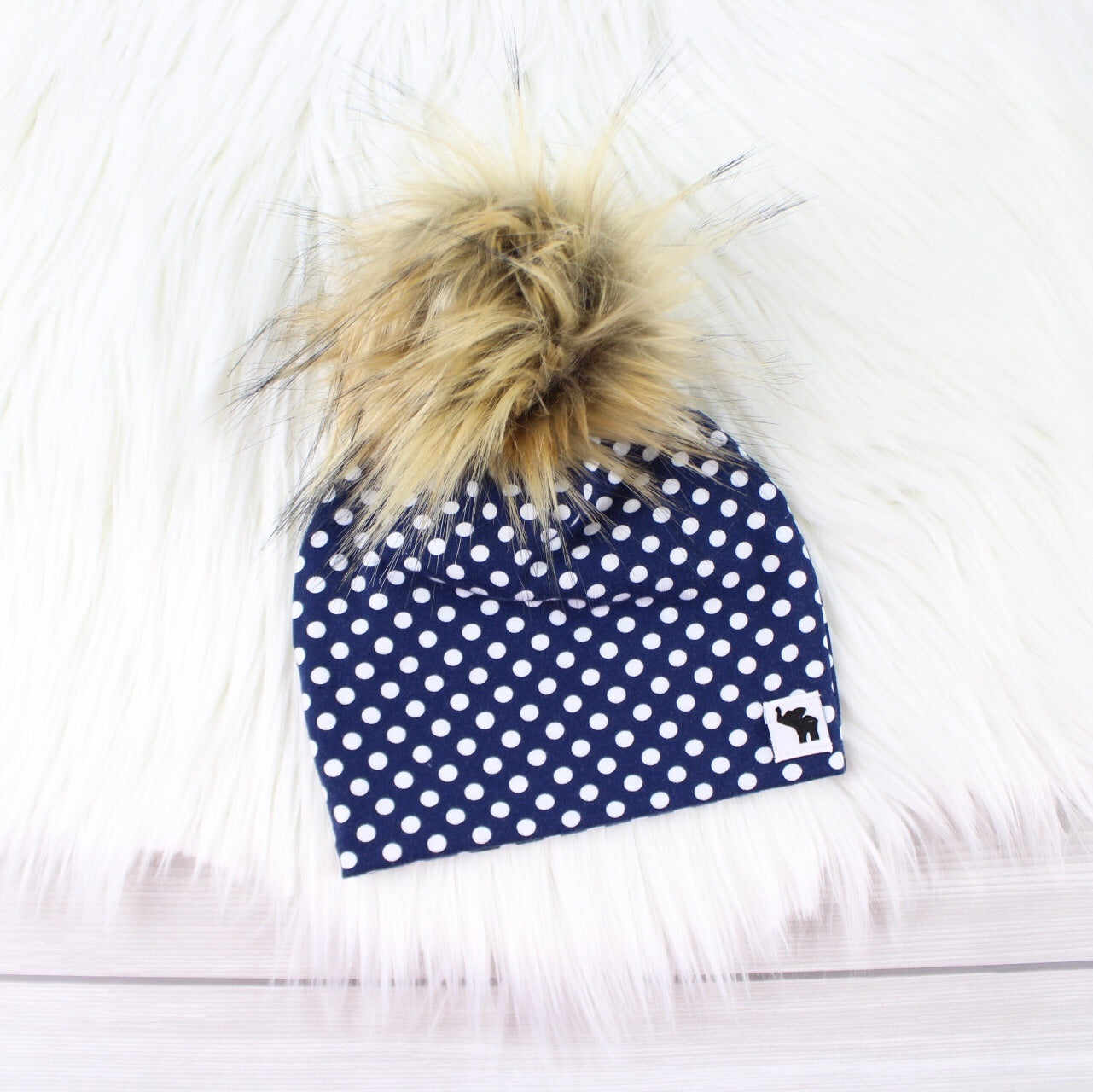 Navy Blue Polka Dot Pom Beanie