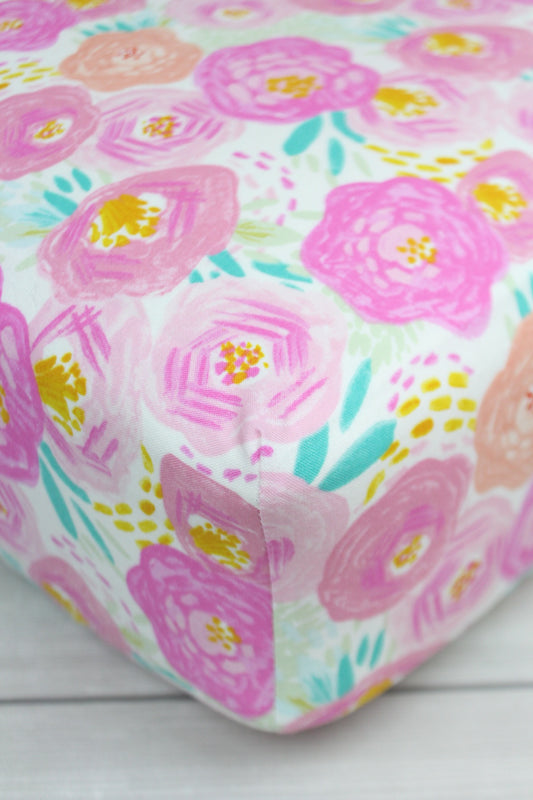 Pink Posies Crib Sheet or Changing Pad Cover