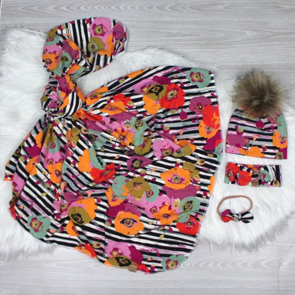 Fall Poppies and Stripes Swaddle Blanket