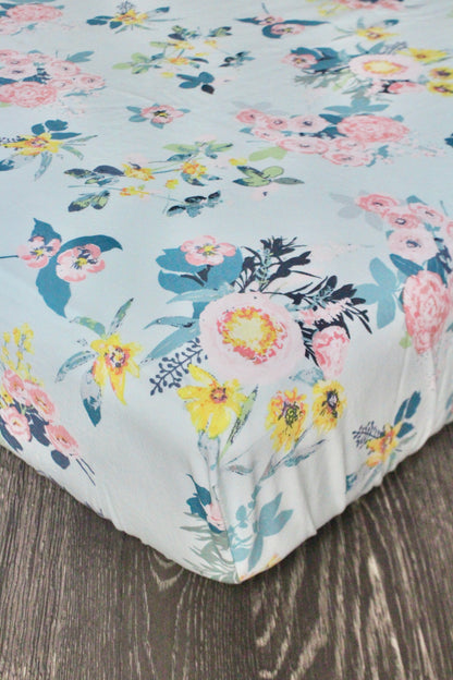 Aqua Florals Crib Sheet or Changing Pad Cover