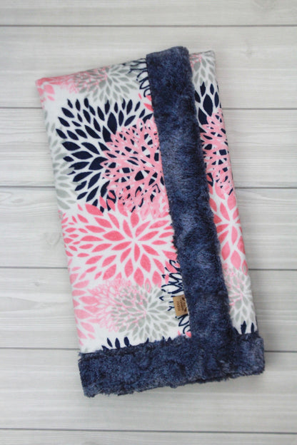 Coral and Navy Flower Burst Minky Blanket