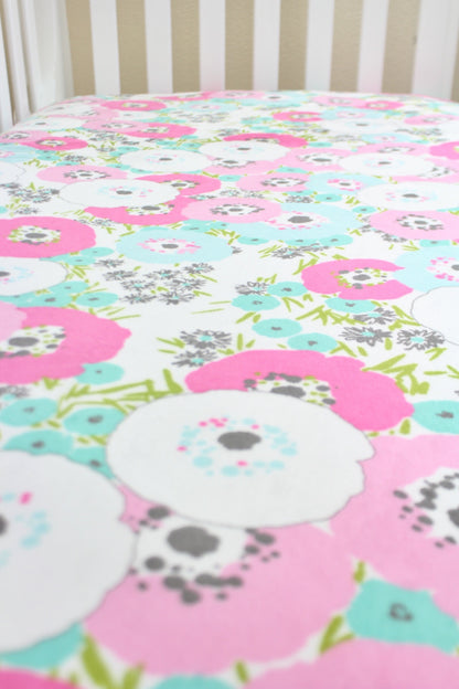 Pink Poppies Minky Crib Sheet or Changing Pad Cover