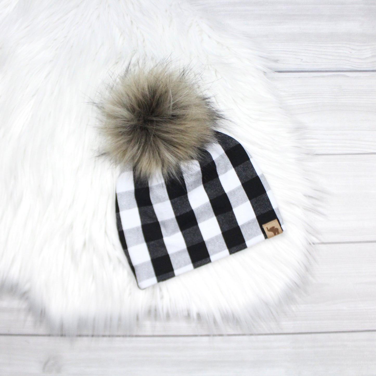 White and Black Buffalo Plaid Pom Beanie