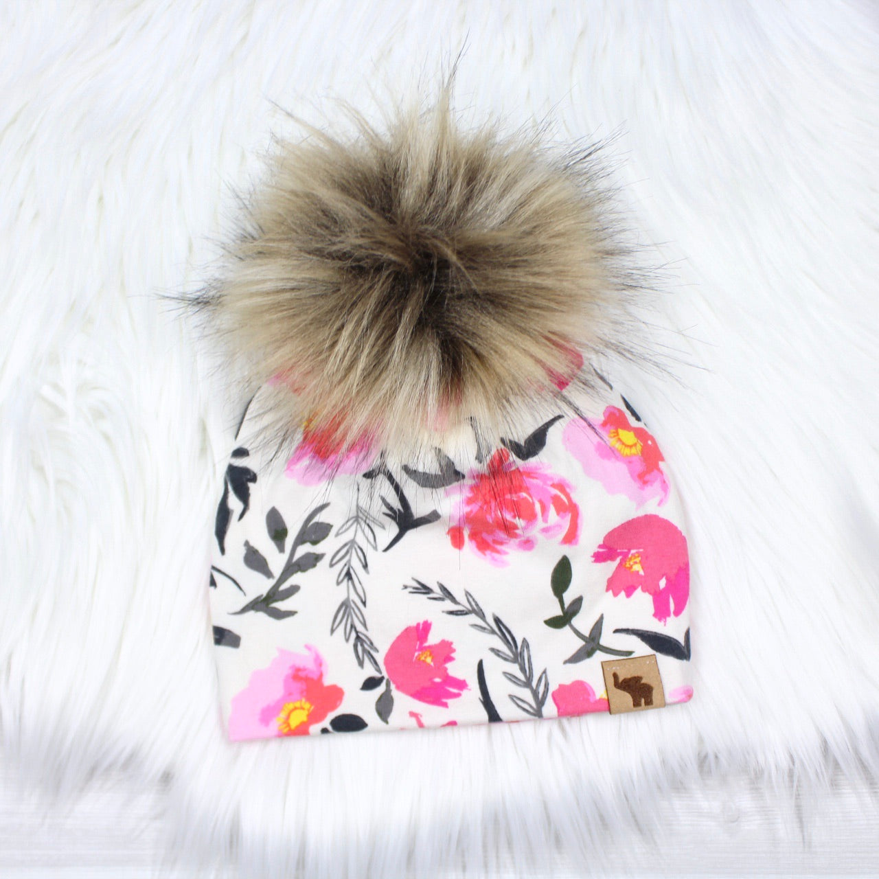 Pink Peonies Pom Beanie